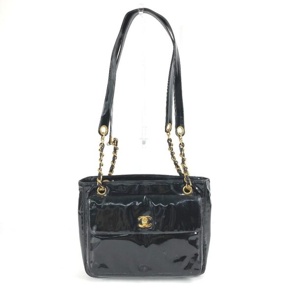 CHANEL A08036 CC CC Mark logo Tote Bag Chain Shoulder Bag enamel Black/Gold - Picture 1 of 16